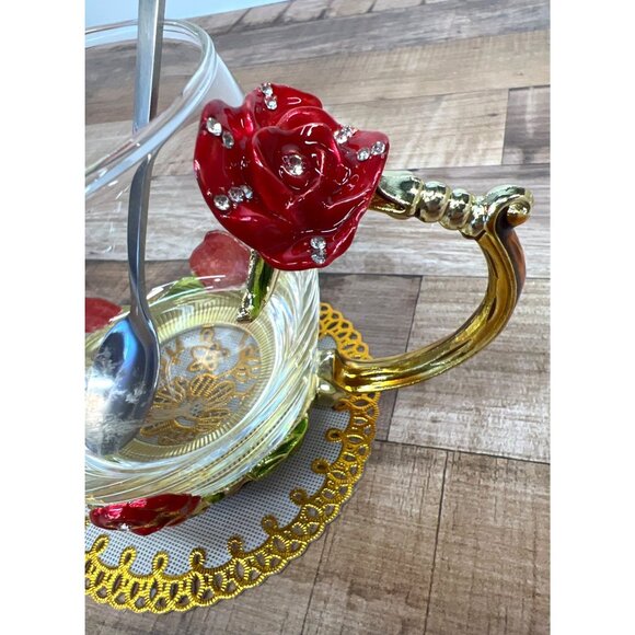 ARC Glass Mug Cup with Metal Red Roses & Butterfly and Spoon - Picture 2 of 8